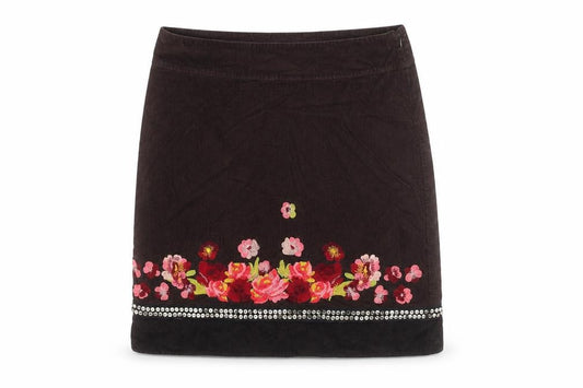 Monsoon Women’s Brown Floral Embroidered Corduroy Skirt Size 16