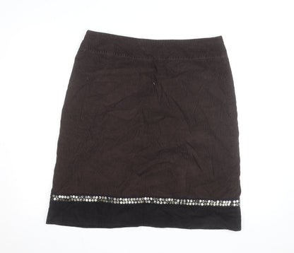 Monsoon Women’s Brown Floral Embroidered Corduroy Skirt Size 16