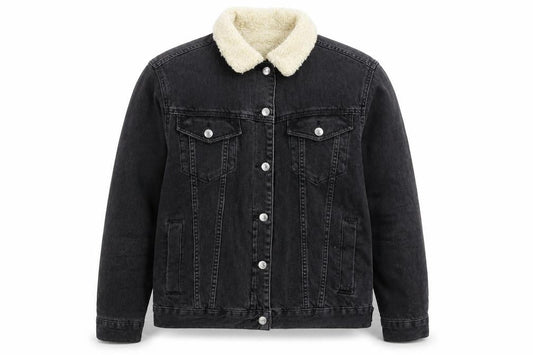 Front view of Topshop Moto Black Sherpa Denim Jacket unisex m classic winter warm