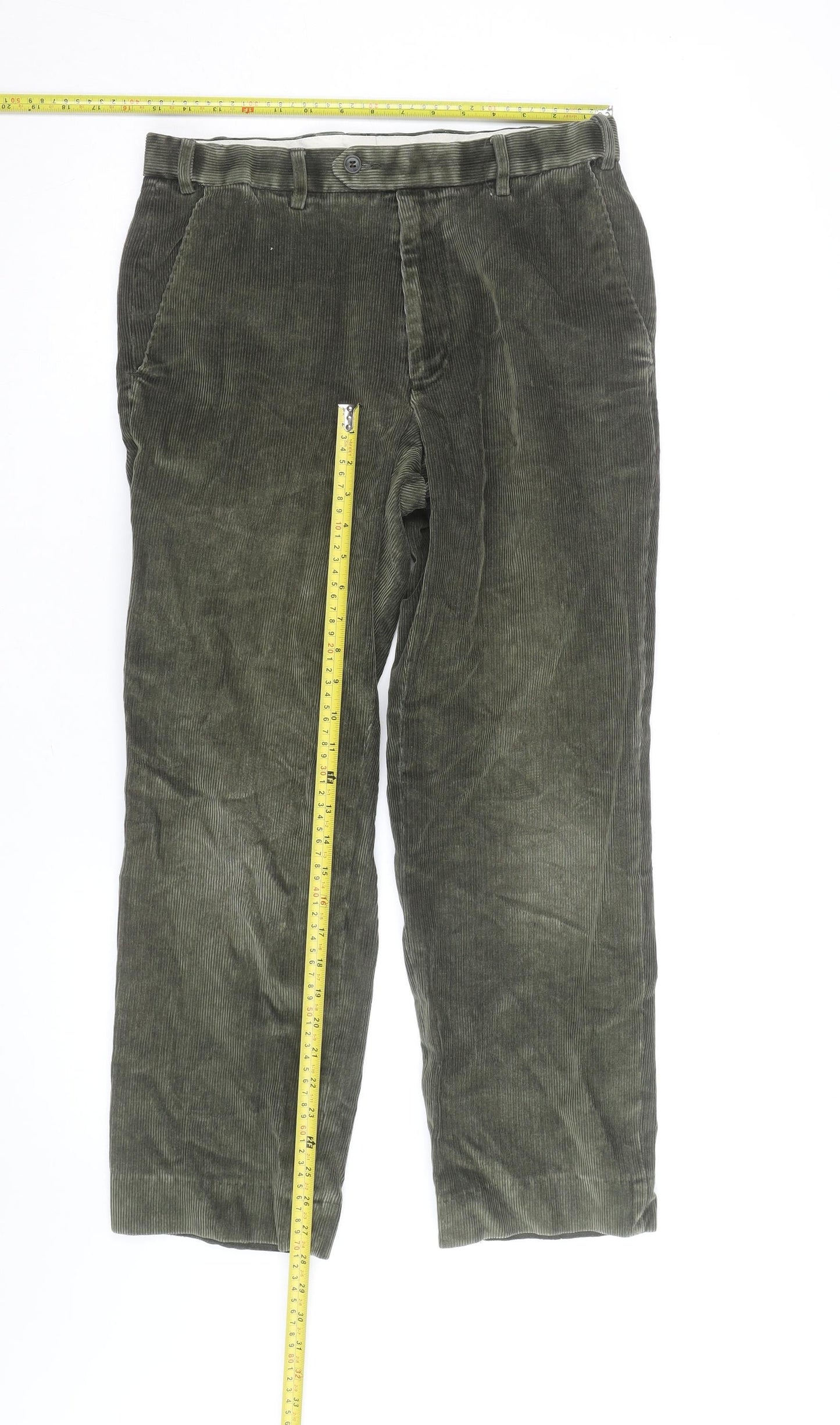 Marks and Spencer Men's Green Corduroy Straight Trousers 32W 29L