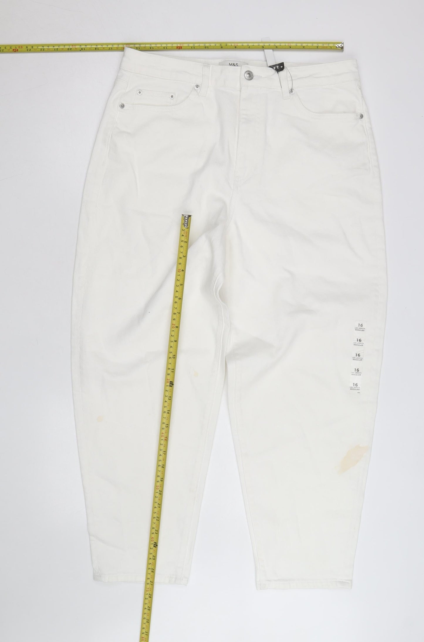 Marks and Spencer Women White Size 16 Mom Jeans Regular Fit High Rise