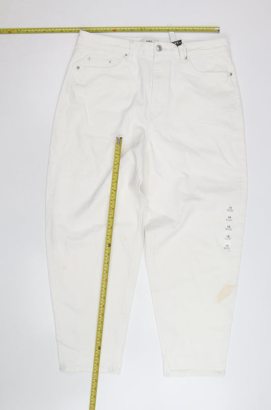 Marks and Spencer Women White Size 16 Mom Jeans Regular Fit High Rise