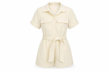 PRETTYLITTLETHING Women’s Ivory Corduroy Short Sleeve Belted Playsuit UK S