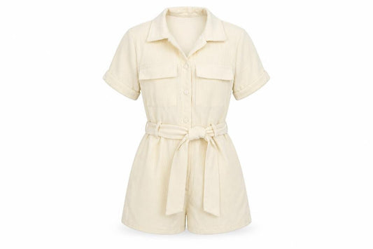 PrettyLittleThing Women’s Ivory Corduroy Short Sleeve Belted Playsuit UK S