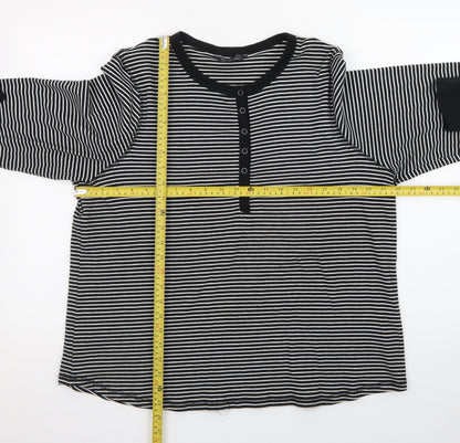 Marks and Spencer Women’s Black Striped Henley Long Sleeve Cotton T-Shirt Size 24