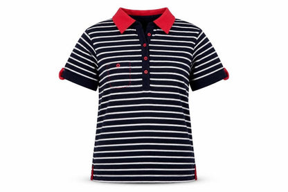 Viyella Women's Blue Striped Polo Shirt Size M Short Sleeve Cotton