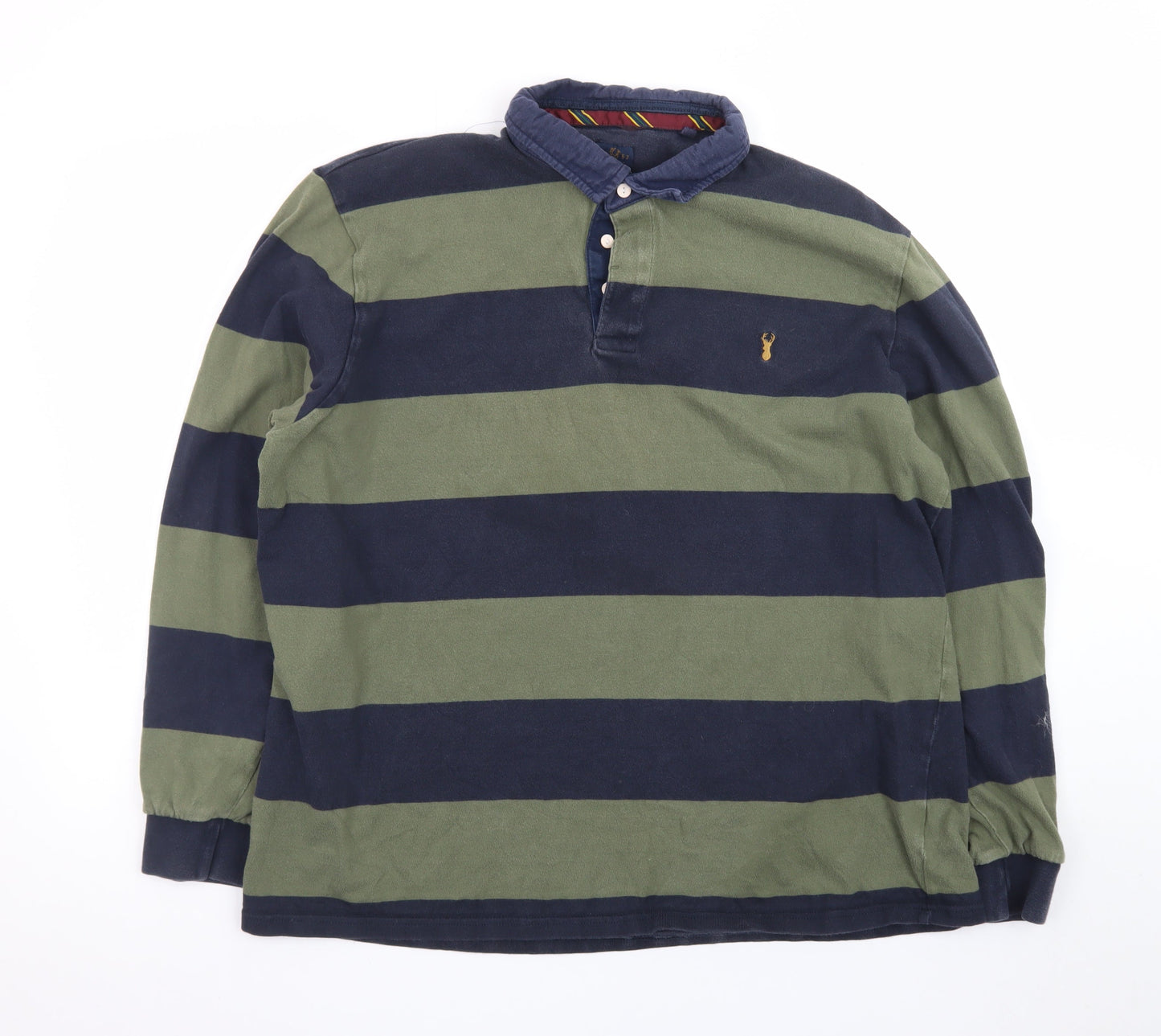 Next Men's Green and Navy Striped Long Sleeve Polo XL Cotton Rugby Top