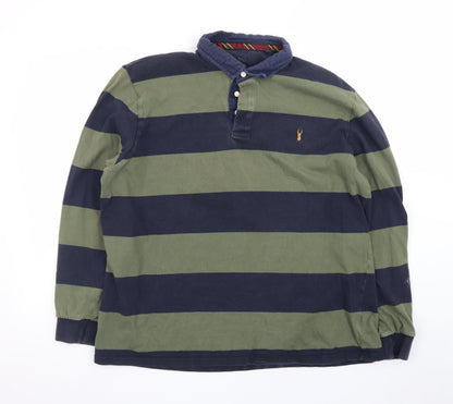 Next Men's Green and Navy Striped Long Sleeve Polo XL Cotton Rugby Top