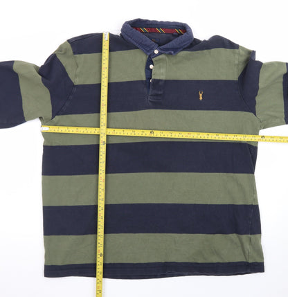 Next Men's Green and Navy Striped Long Sleeve Polo XL Cotton Rugby Top