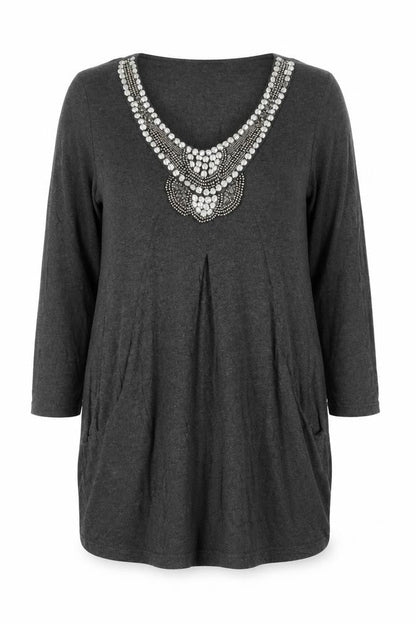 Changes Boutique Women’s Grey Beaded V-Neck Shift Dress Size 14