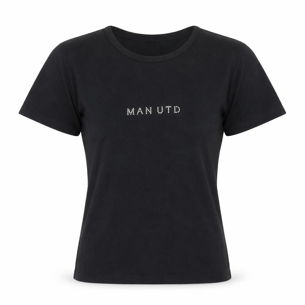 Front view of Manchester United Women's Black Rhinestone Logo L Cotton T-Shirt