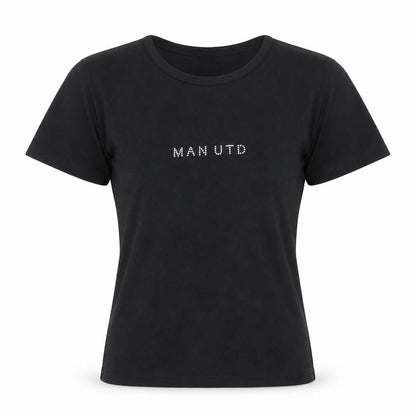 Front view of Manchester United Women's Black Rhinestone Logo L Cotton T-Shirt