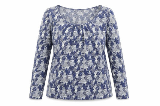 Mantaray Women's Blue Geometric Long Sleeve Cotton T-Shirt Size 14