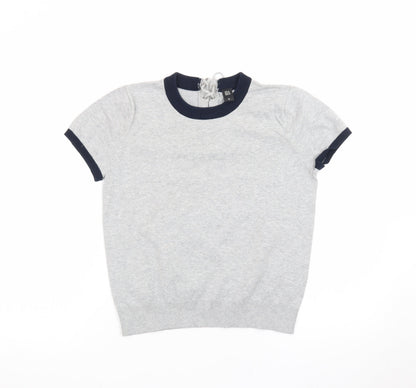 GG5 Womens Grey Ringer Knit Lace-Up Back Short Sleeve T-Shirt M