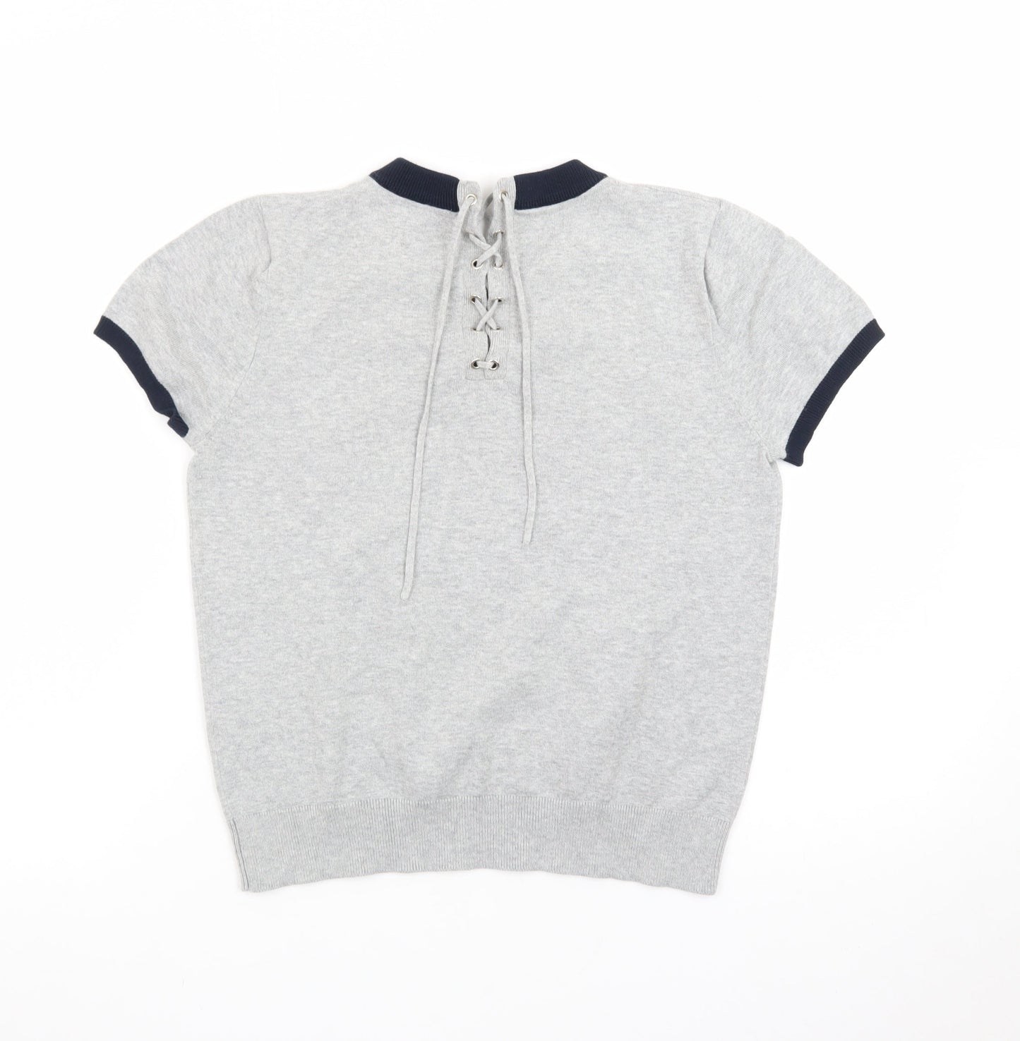GG5 Womens Grey Ringer Knit Lace-Up Back Short Sleeve T-Shirt M