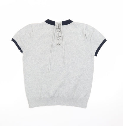 GG5 Womens Grey Ringer Knit Lace-Up Back Short Sleeve T-Shirt M