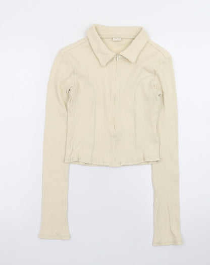 Urban Outfitters Women Beige Collared Full Zip Ribbed Cotton Jumper M