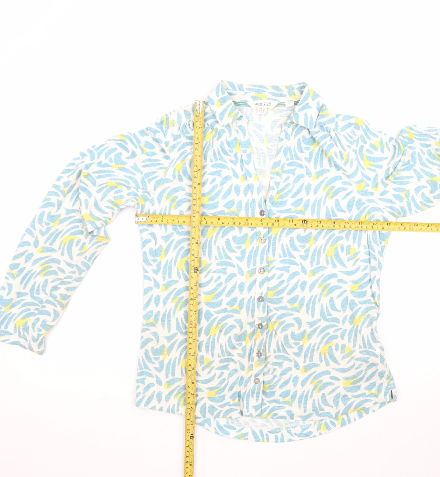 White Stuff Women's Blue Abstract Cotton Button-Up Shirt UK 10