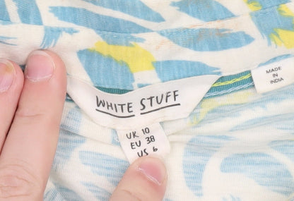 White Stuff Women's Blue Abstract Cotton Button-Up Shirt UK 10