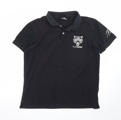 Plein Sport Men's Black 2XL Cotton Tiger Logo Polo Shirt