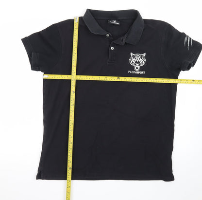 Plein Sport Men's Black 2XL Cotton Tiger Logo Polo Shirt