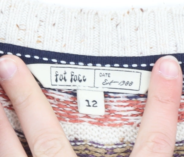 Fat Face Women's Beige Fair Isle Crew Neck Jumper Size 12