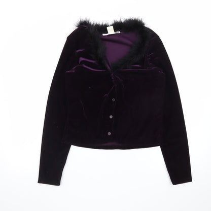 Necessary Objects Women's Purple Fur Trim Velvet Cardigan Size M