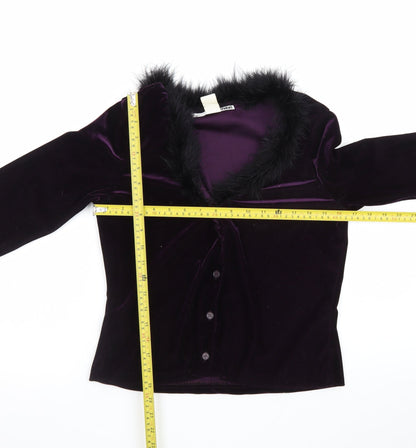 Necessary Objects Women's Purple Fur Trim Velvet Cardigan Size M