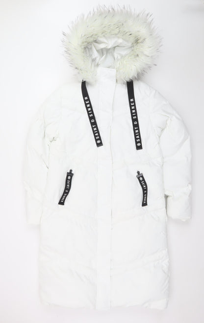 Saint & Sinner Women's White Faux Fur Hooded Long Puffer Coat UK 10