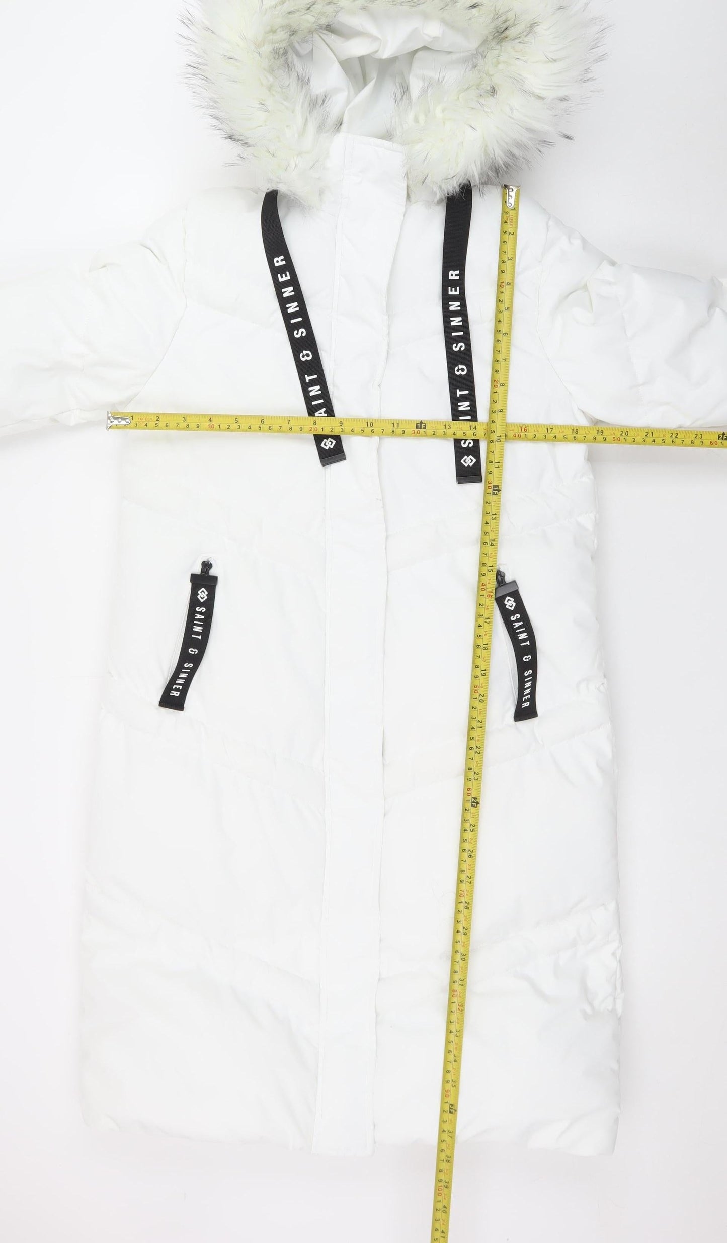 Saint & Sinner Women's White Faux Fur Hooded Long Puffer Coat UK 10