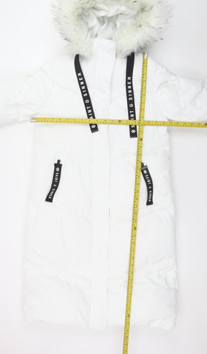 Saint & Sinner Women's White Faux Fur Hooded Long Puffer Coat UK 10