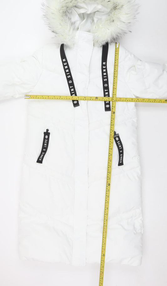 Saint & Sinner Women's White Faux Fur Hooded Long Puffer Coat UK 10