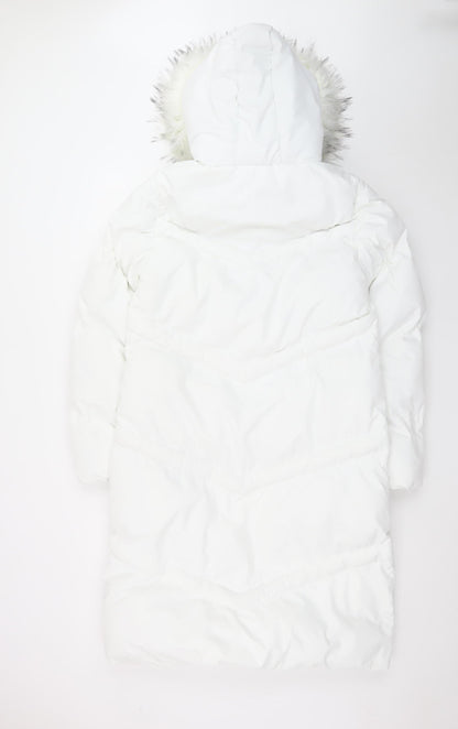 Saint & Sinner Women's White Faux Fur Hooded Long Puffer Coat UK 10