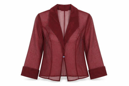 Alex Evenings Women's Red Sheer 3/4 Sleeve Collared Kimono Blouse Size 14