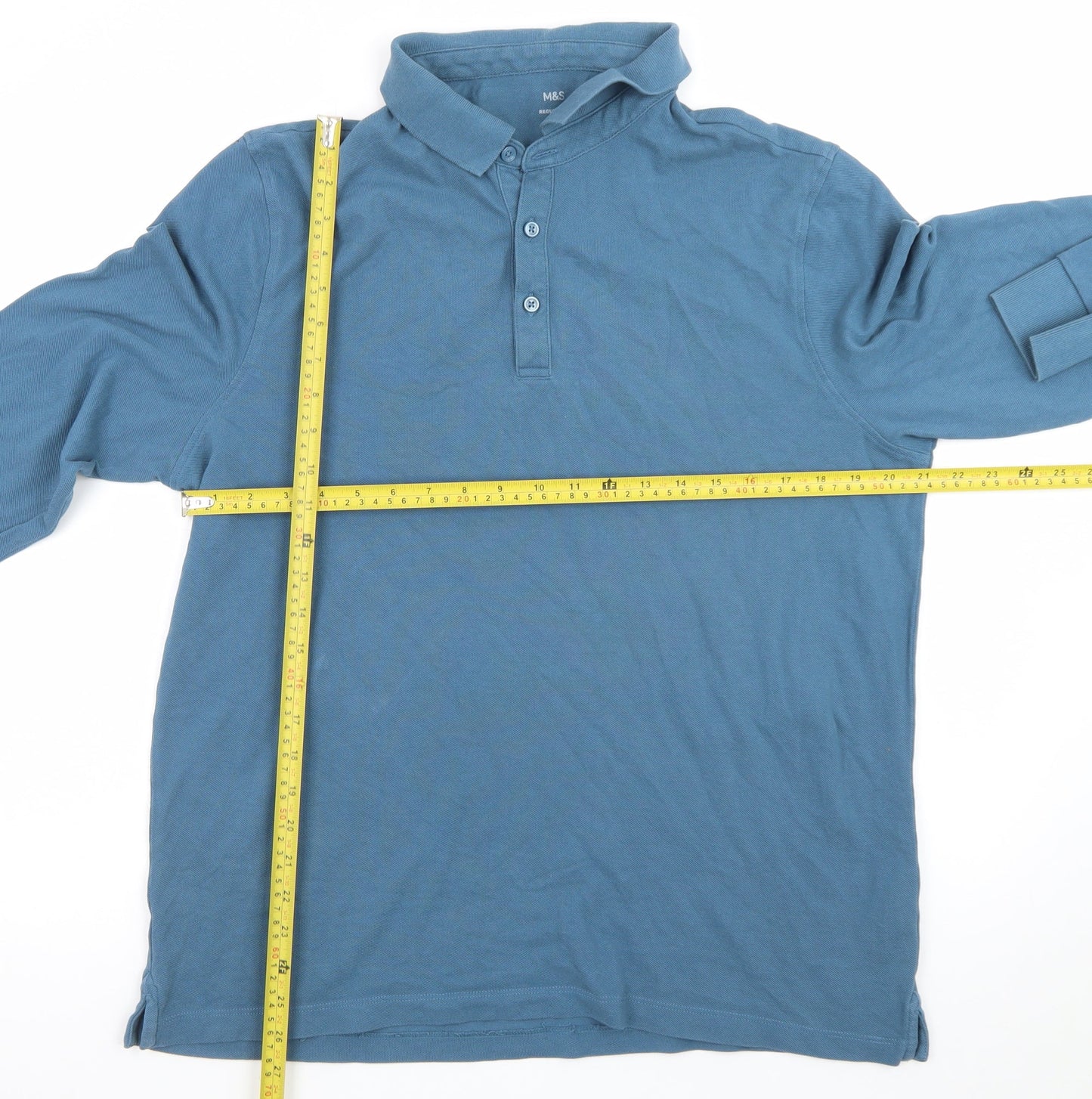 Marks and Spencer Men's Blue Long Sleeve Cotton Polo Shirt XL