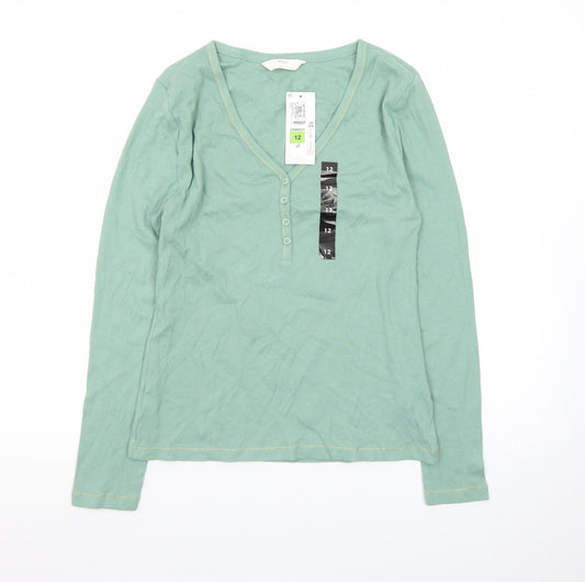 Marks and Spencer Womens Green Cotton Long Sleeve Henley T-Shirt Size 12