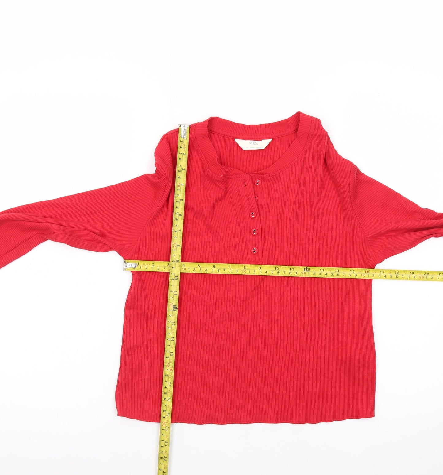 Marks and Spencer Women Red Henley Jumper Size 18 Regular Long Sleeve Cotton Blend