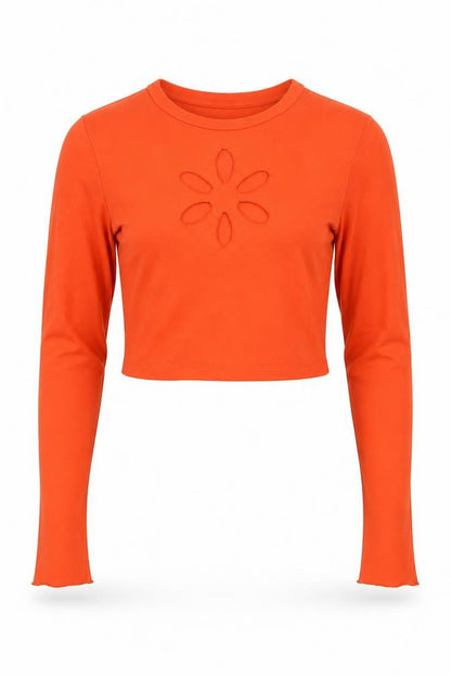 Milk It Womens Orange Cropped Long Sleeve Cut Out T-Shirt Size 8