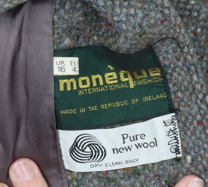 Monéque Women’s Grey Wool Tweed Long Overcoat Size 16