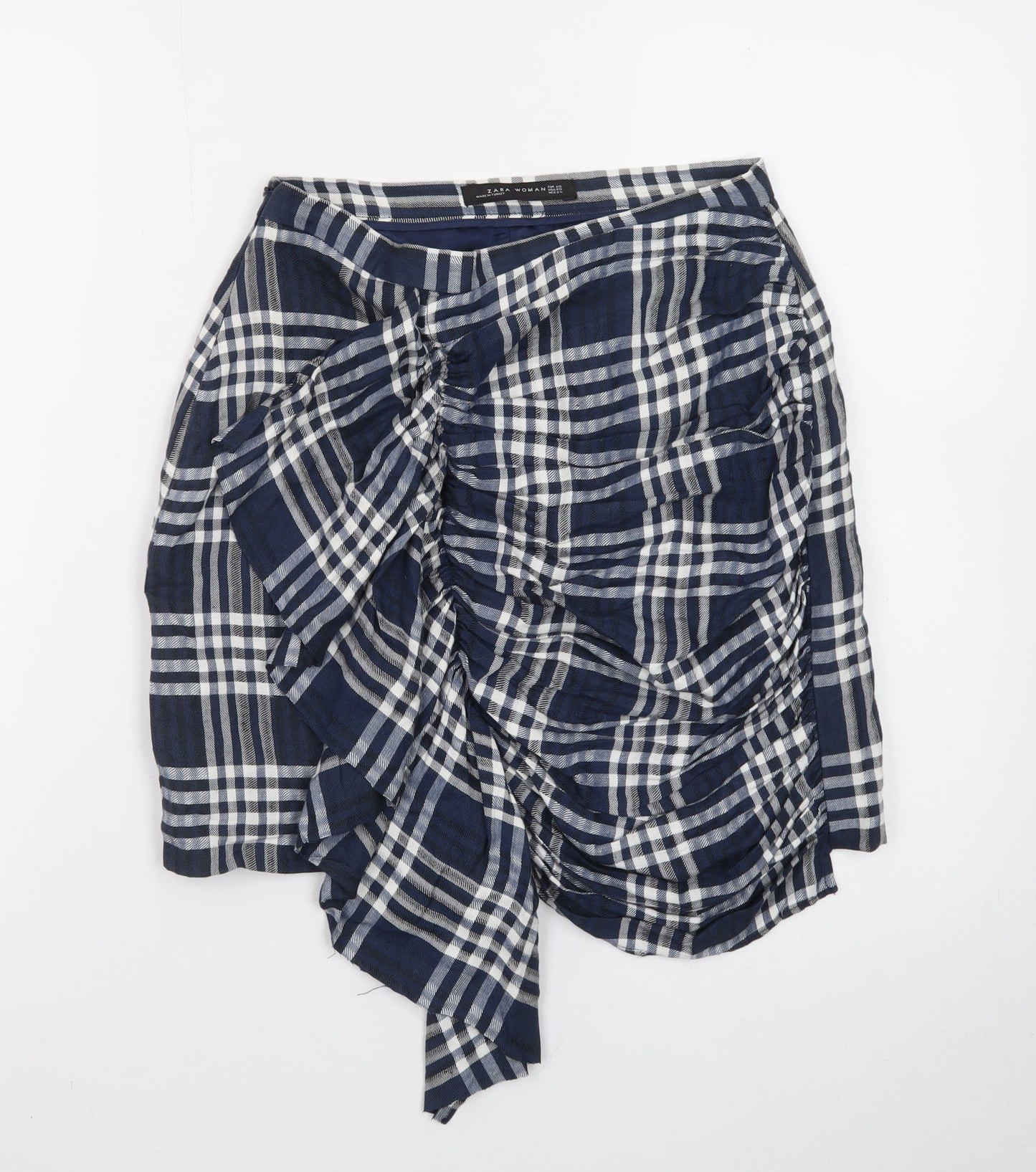Zara Women Blue Check Wrap Short Skirt XS Cotton Preppy Style