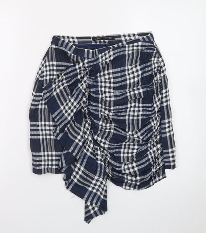 Zara Women Blue Check Wrap Short Skirt XS Cotton Preppy Style