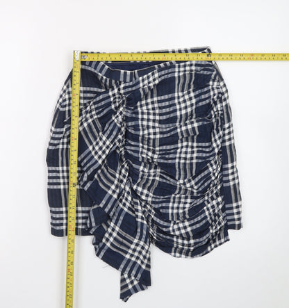 Zara Women Blue Check Wrap Short Skirt XS Cotton Preppy Style