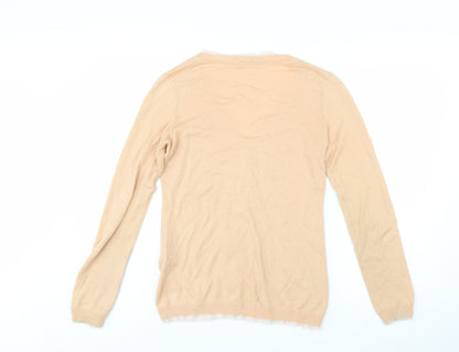 Sisley Women Beige Cotton V-Neck Button Cardigan Size S