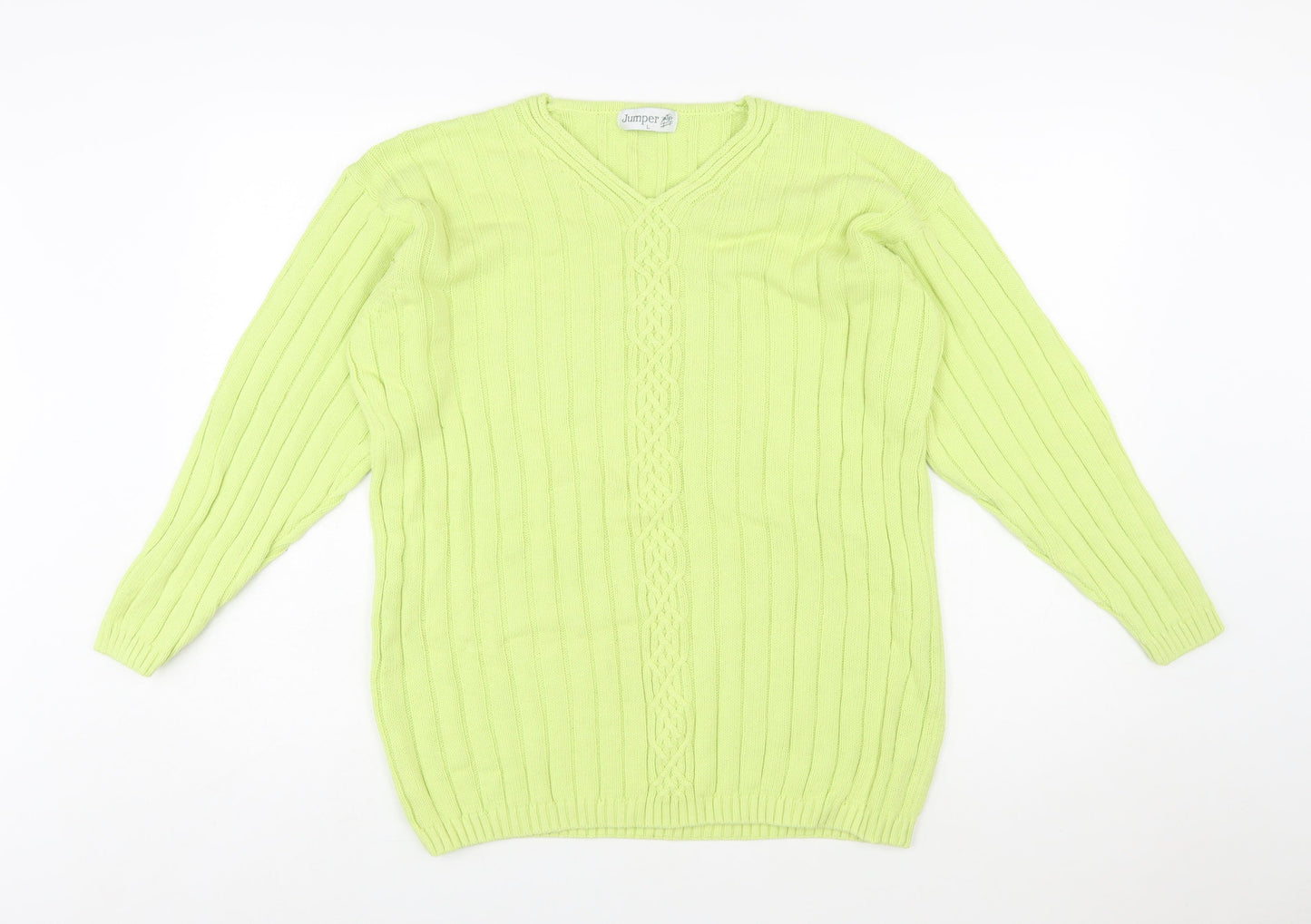 Jumper Women’s Green V-Neck Cable-Knit Cotton Pullover L