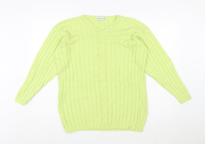 Jumper Women’s Green V-Neck Cable-Knit Cotton Pullover L