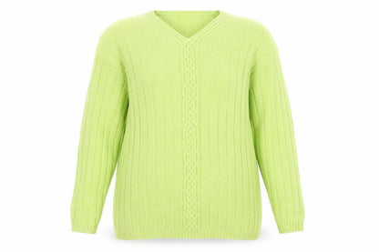 Jumper Women’s Green V-Neck Cable-Knit Cotton Pullover L