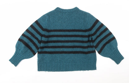 AND/OR Women's Blue Striped Wool Blend Chunky Knit Jumper Size 18