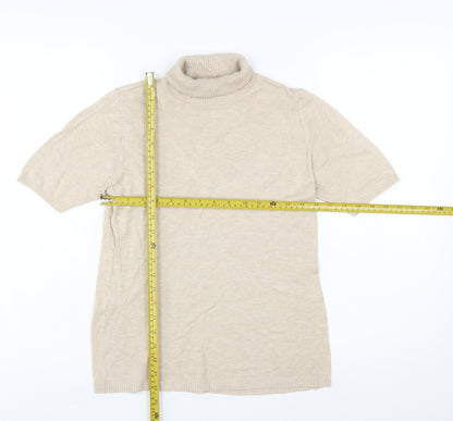 MNG Women Beige Roll Neck Short Sleeve Wool Blend Jumper Size 12