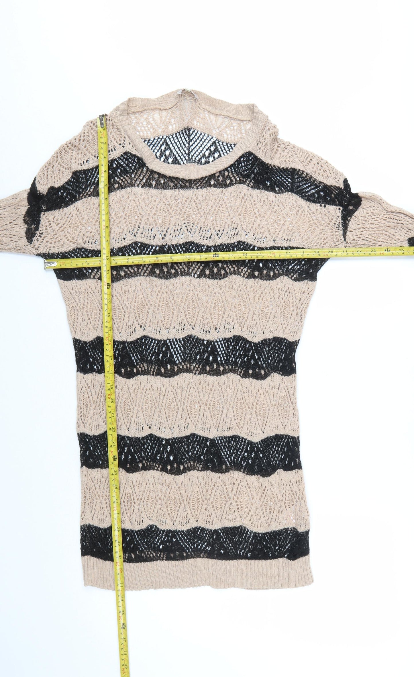 River Island Women’s Beige Black Striped Open-Knit Jumper Size 14