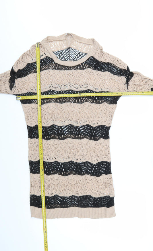River Island Women’s Beige Black Striped Open-Knit Jumper Size 14